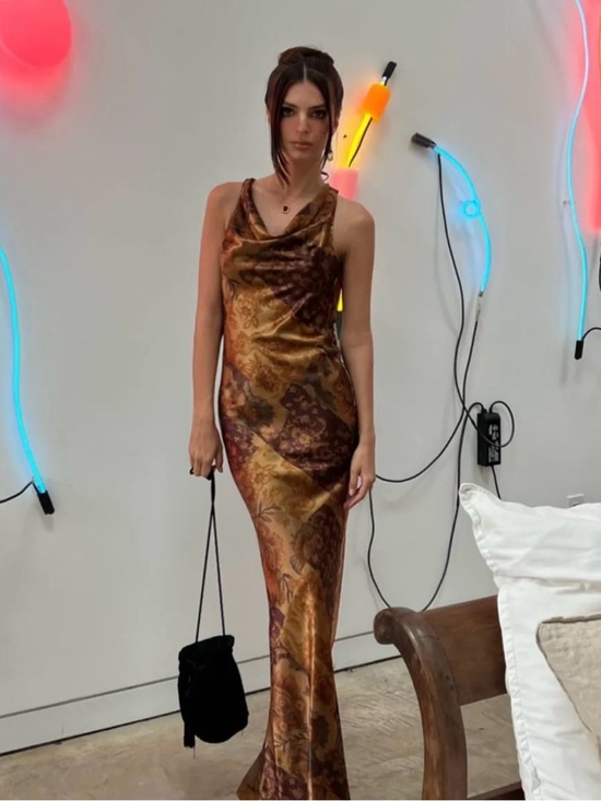 Mirror Palais Dresses & Skirts - Mirror Palais Gold Brown Paisley Satin Cowl-Neck Maxi Dress
